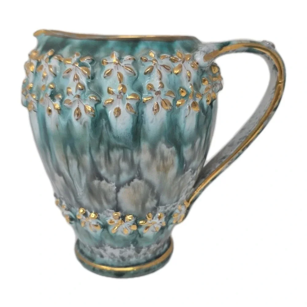 Vtg‎ Italian Pottery Jug Green Creams Gray With Gold Accents Numbered 6.5